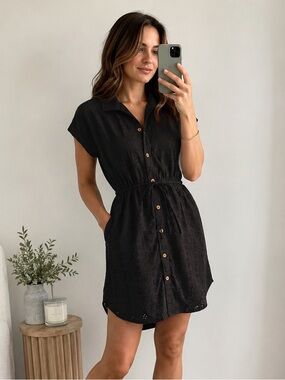 Black Eyelet Shirt Dress Pockets Cottagecore Size Large Whimsigoth Boho Coastal